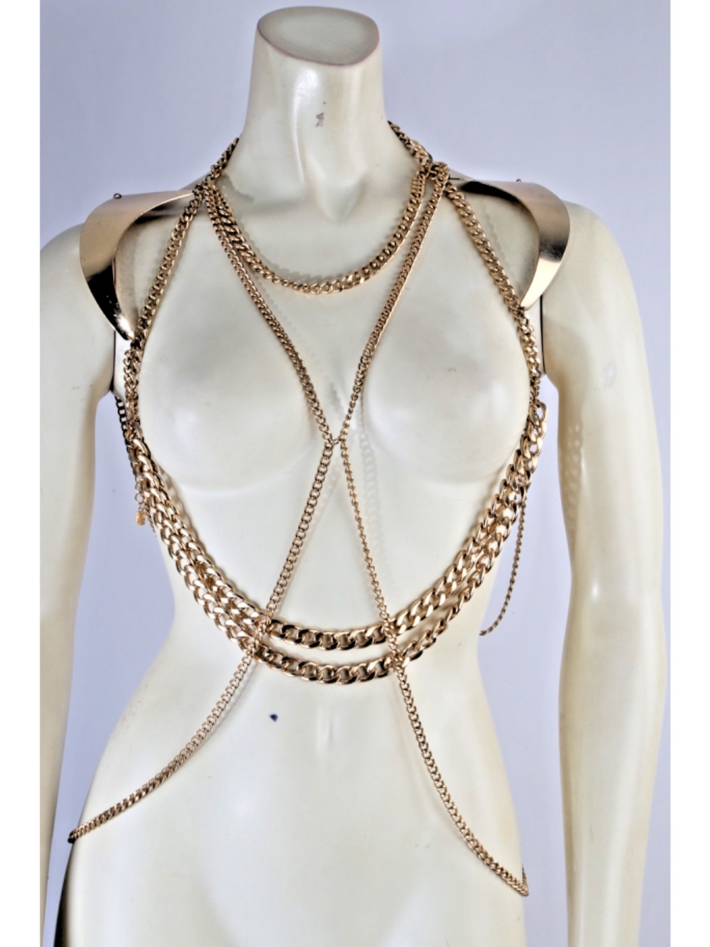 Statement Body Chain Harness Gold Tone Epaulet Shoulder Multi Strand Necklace